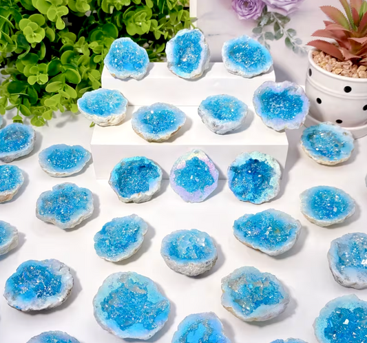 Sky Blue Halo Crystal Hemisphere – Glittering Geode Slice