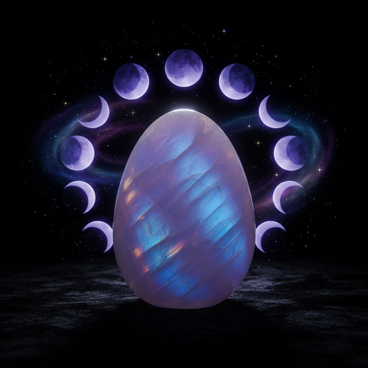 Moonstone crystal with purple and blue iridescent glow for full moon rituals